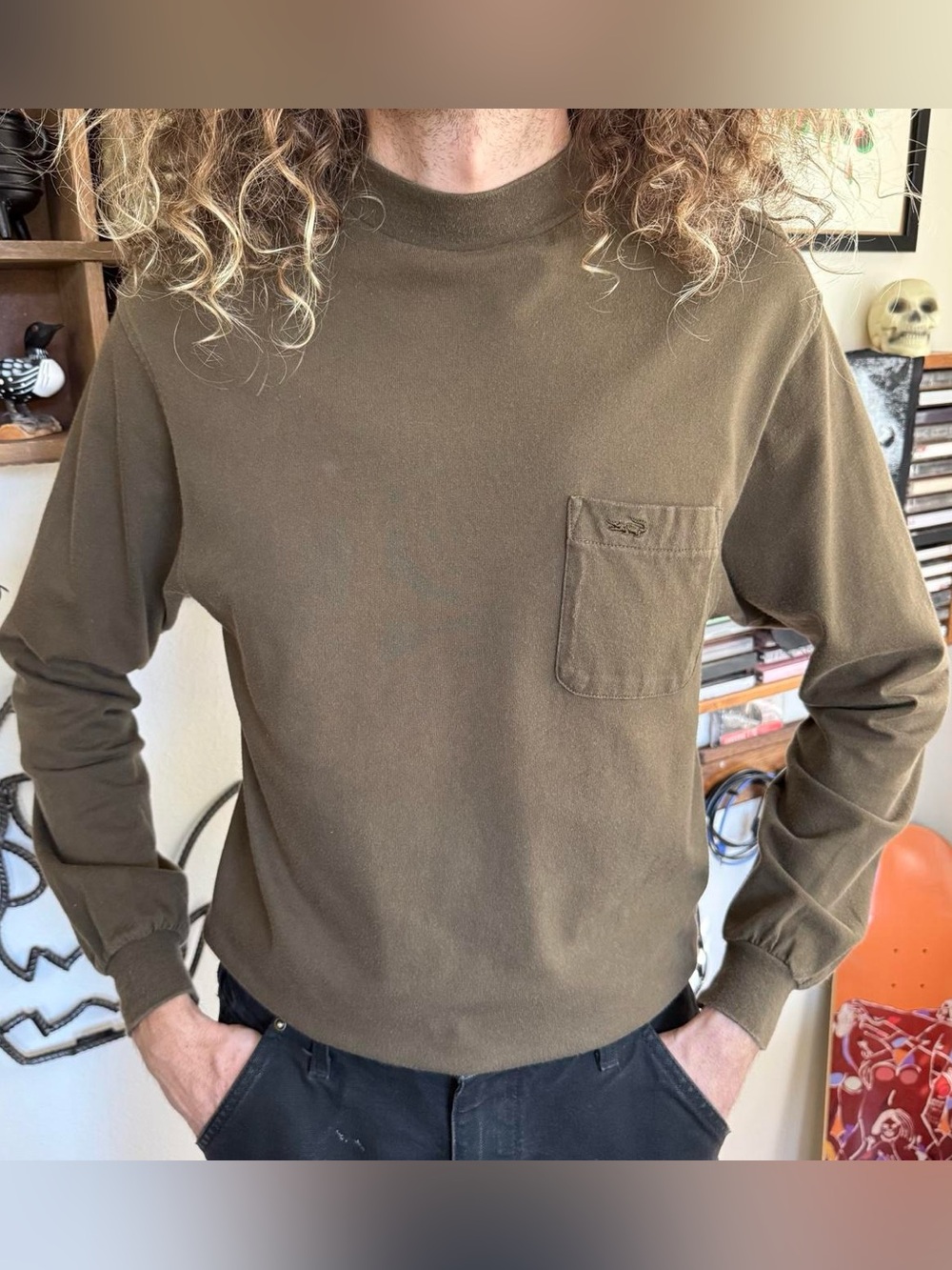 Vintage 90s Olive Brown Mock Neck LS Pocket Tee Crocodile Garments ~ Size Medium